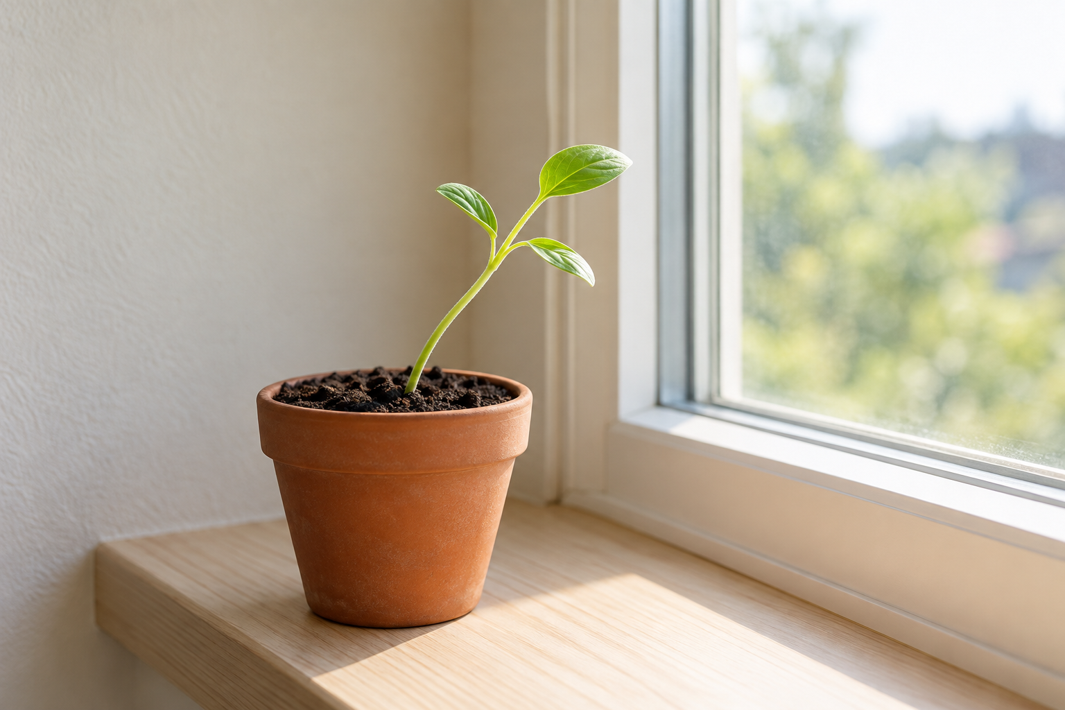 A seedling in a terracotta pot leans right toward a bright window.